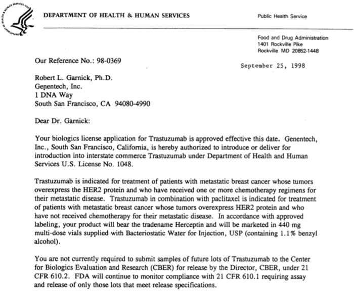 ▲그림 6 1998년 Trastuzumab 의 판매를 승인하는 FDA의 메일. HER2 단백질을 과발현하며, 이미 화학요법을 받은 전이성 유방암 환자에 한정된 허가이고, 초기 단계의 유방암 환자에 대한 허가는 효과가 입증된 후속 임상 연구가 진행된 2006년이 자나서였다.