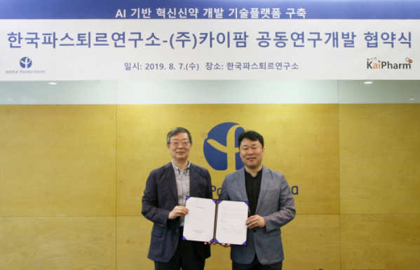 ▲류왕식 한국파스퇴르연구소장(왼쪽)과 김완규 카이팜 대표.