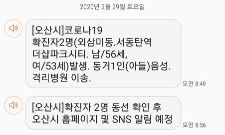 ▲오산시 코로나 확진자 2명 발생. (출처=오산시청)