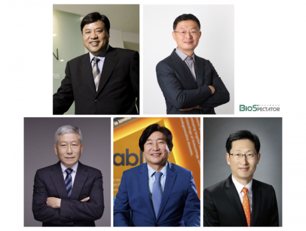 ▲From top left: Jungjin Seo Celltrion Honorary Chairman, Man-soon Hwang Korea Investment Partners CEO, Yong-Zu Kim Lego ChemBio CEO, Sang Hoon Lee ABL Bio CEO, Christopher Hansung Ko Samsung president
