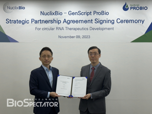 ▲From left to right: NuclixBio CEO Ho-Young Kang, GenScript ProBio Chairman Patrick Liu