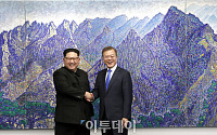 [포토] 북한산 그림 앞에 나란히 선 문재인-김정은