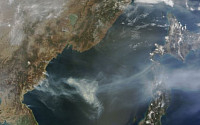 북한 한달째 산불 '연기 일본까지 덮어'...테라 촬영 사진 보니, 바다 위 덩어리가 일본까지