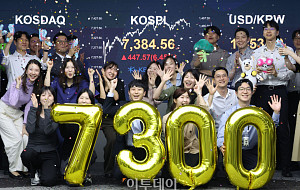 세리머니 코스피, 7384.56 마감…6.45% '급등' [포토]