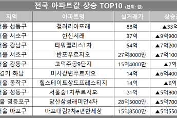 [아파트값 상승 톱10] 서울 성동구 '갤러리아포레' 등
