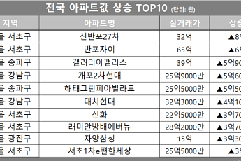 [아파트값 상승 톱10] 서울 서초구 ‘반포자이’ 등