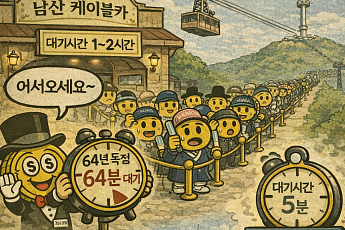 [AI 코인패밀리 만평] 64년 전통 남산케이블카, 1시간 대기는 기본이지!