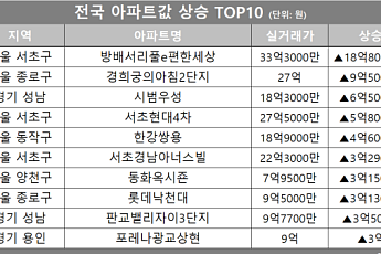 [아파트값 상승 톱10] 서울 서초구 ‘방배서리풀e편한세상’ 등