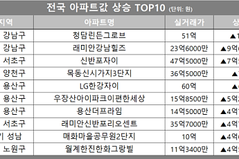 [아파트값 상승 톱10] 서울 서초구 ‘신반포자이’ 등