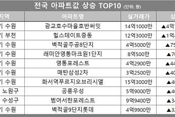 [아파트값 상승 톱10] 경기 수원시 ‘광교호수마을호반써밋’ 등
