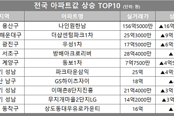 [아파트값 상승 톱10] 서울 용산구 ‘나인원한남’ 등