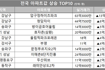 [아파트값 상승 톱10] 서울 강남구 ‘압구정하이츠파크’ 등
