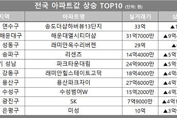 [아파트값 상승 톱10] 서울 송파구 ‘리센츠’ 등