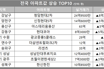 [아파트값 상승 톱10] 서울 용산구 ‘아스테리움용산’ 등