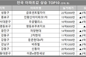 [아파트값 상승 톱10] 서울 성동구 ‘금호센트럴자이’ 등