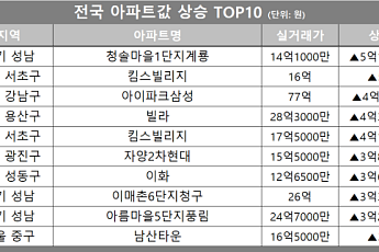 [아파트값 상승 톱10] 서울 강남구 ‘아이파크삼성’ 등