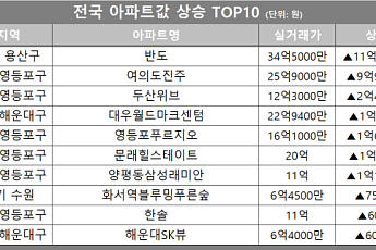 [아파트값 상승 톱10] 서울 용산구 ‘반도’ 등