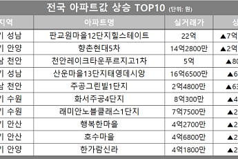 [아파트값 상승 톱10] 경기 성남 ‘판교원마을12단지힐스테이트’ 등