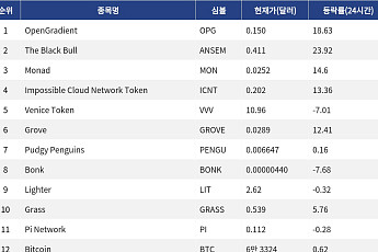 [넥스블록][인기 검색 코인 톱15] OpenGradient 18%대 상승…AI·디파이 코인 검색 상위권