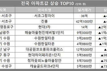 [아파트값 상승 톱10] 서울 서초구 ‘서초그랑자이’ 등
