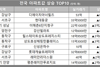 [아파트값 상승 톱10] 서울 강남구 ‘디에이치아너힐즈’ 등