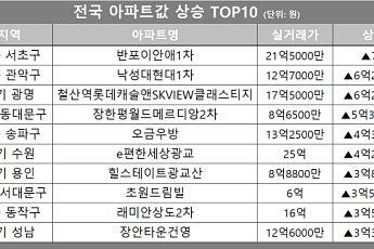 [아파트값 상승 톱10] 서울 서초구 ‘반포이안애1차’ 등