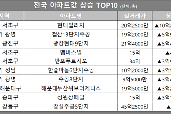 [아파트값 상승 톱10] 서울 서초구 ‘반포푸르지오’ 등