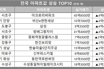 [아파트값 상승 톱10] 서울 서초구 ‘아크로리버파크’ 등