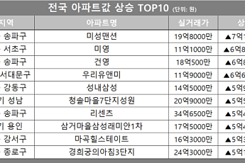 [아파트값 상승 톱10] 서울 송파구 ‘리센츠’ 등