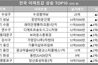 [아파트값 상승 톱10] 대구 수성구 ‘수성범어W’ 등