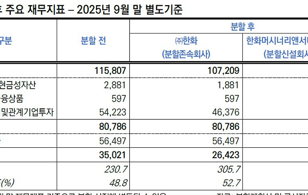 주가 18% 뛰었지만⋯한화 인적분할 뒤엔 ‘부채비율 300%’ 그림자