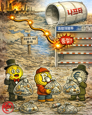 [AI 코인패밀리 만평] 호르무즈발 봉투쇼크