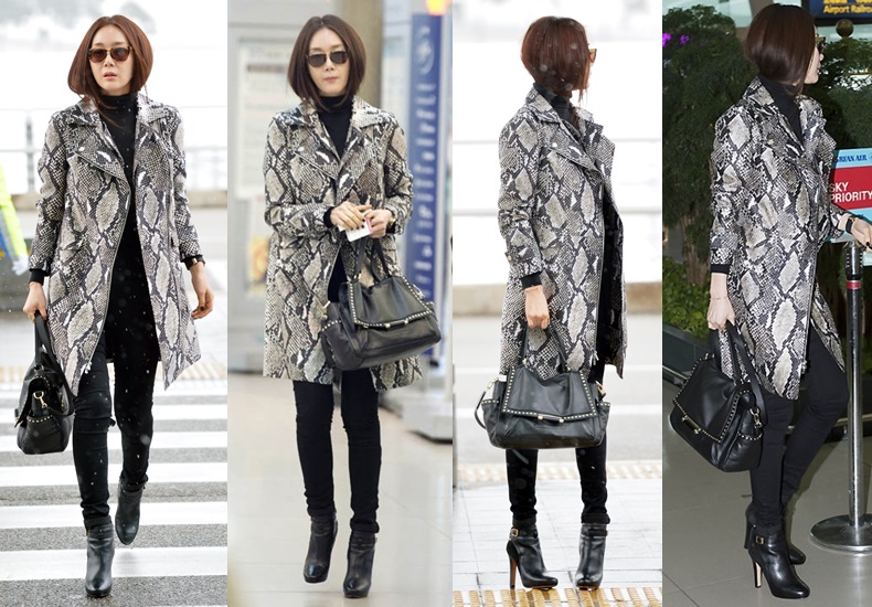 최지우 공항패션, 애니멀 프린트 코트+H라인 레더 백…어디제품?