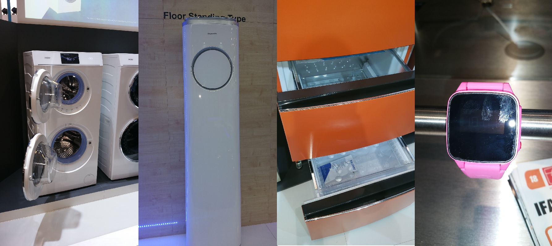 ▲(왼쪽부터) 하이얼 드럼 세탁기, 스카이워스 에어컨, 하이얼 냉장고, 하이얼 센서워치. 권태성 기자 tskwon@