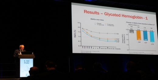 ▲공동 연구자인 스테파노 델 프라토(Stefano Del Prato) 박사가 에페글레나타이드 월1회 용법 임상 결과를 구연 발표하고 있는 모습(사진=한미약품)