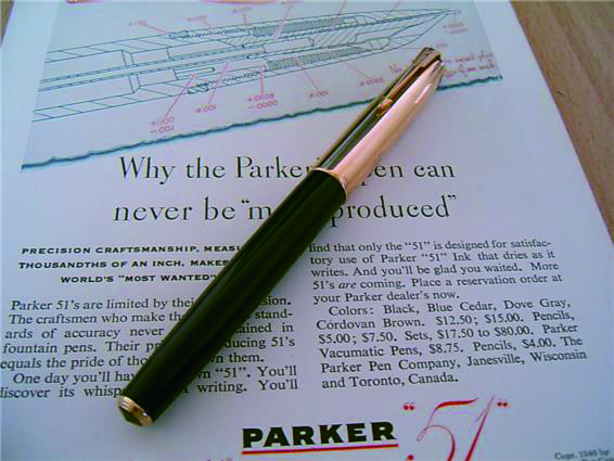 ▲만년필 역사상 가장 유명한 만년필인 파커51, 1940년대. (박종진 만년필동호회장)