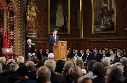 ▲시진핑 중국 국가주석이 20일(현지시간) 영국 의회에서 연설하고 있다. 런던/신화뉴시스