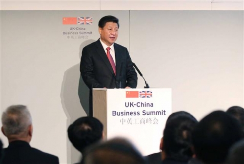 ▲시진핑 중국 국가주석이 영국 런던에서 21일(현지시간) 열린 '중영 비즈니스 서밋'에 참석해 연설을 하고 있다. 사진=신화/뉴시스