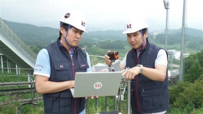 ▲KT 직원들이 평창올림픽 5G 시범서비스를 위해 밀리미터파 송수신 장비로 네트워크 품질 테스트를 진행하고 있는 모습.
사진제공= KT