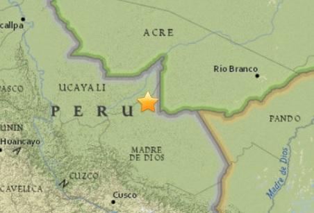 ▲브라질 접경 페루 동남부 밀림지역에서 24일(현지시간) 규모 7.5의 강진이 발생했다. 사진은 지진발생 지역의 표시한 것. 출처=미국 지질조사국(USGS) 
