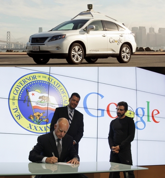 ▲2012년 에드먼드 G. 브라운 주니어 캘리포니아 주지사가 구글 공동 창업자 세르게이 브린(오른쪽)이 지켜보는 가운데 한 법안에 서명하고 있습니다. 캘리포니아에서 무인자동차의 운행을 허가한다는 내용이었는데요. 구글의 무인자동차는 캘리포니아에서 48만 2780㎞ 거리를 시험 운행했습니다. 
(출처=구글)