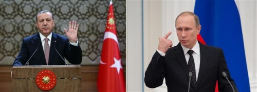 ▲레제프 타이이프 에르도안 터키 대통령(왼쪽)과 블라디미르 푸틴 러시아 대통령. 양국 정상은 지난 24일(현지시간) 시리아 접경지역에서 발생한 러시아 전투기 격추를 놓고 대립각을 세우고 있다. 사진=AP뉴시스