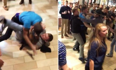 ▲27일(현지시간) 켄터키주 루이빌 한 쇼핑몰에서 남성 두명이 뒤엉켜 싸우고 있는 모습. 출처=뉴욕데일리뉴스
