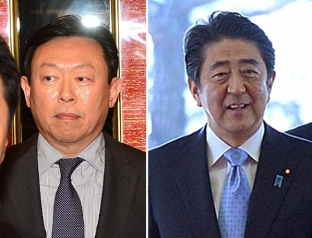 ▲신동빈(왼쪽) 롯데 회장과 아베 신조 일본 총리. (뉴시스)