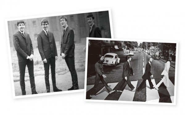 ▲왼쪽은 비틀즈의 멤버들 사진, 오른쪽은 비틀즈가 런던 애비로드에서 찍은 사진이다. 애비로드는 이 사진하나로 관광명소가 됐다.  
