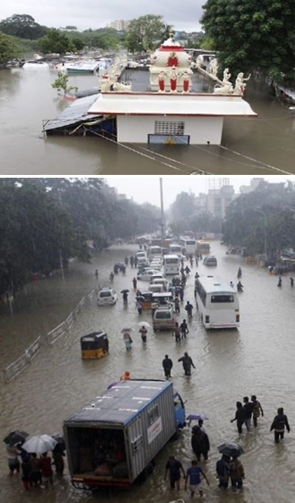 ▲2일 인도 첸나이에서 차량과 주민들이 물에 잠긴 도로를 이동하고 있다.(EPA/연합뉴스)