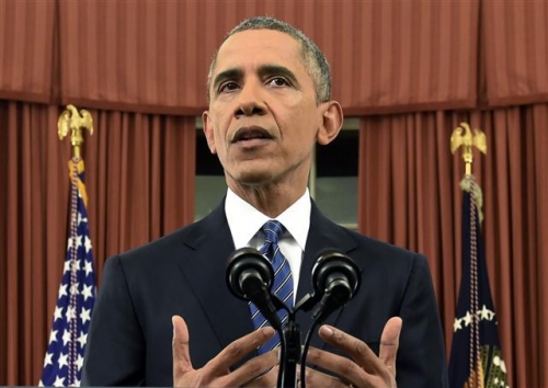 ▲버락 오바마 미국 대통령이 6일(현지시간) 백악관 집무실에서 캘리포니아 총기난사, 테러 위협에 대해 대국민 연설을 하고 있다. 워싱턴/AP뉴시스