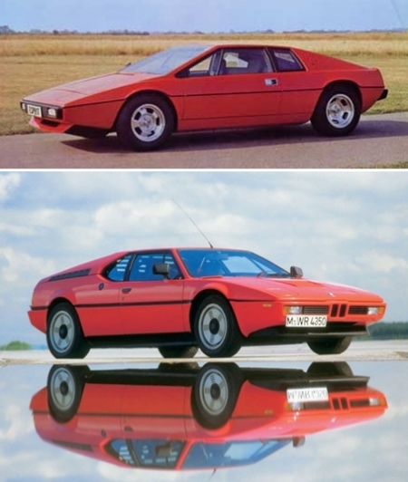 ▲디자이너 쥬지아로는 이후 다양한 모델에 비슷한 영감을 불어넣었습니다. 사진 위는 로터스 2인승 쿠페 에스프리, 사진 아래는 1978년 BMW의 첫 미드십 슈퍼카 M1입니다. 모두 현대차 포니 출시 이후에 등장한 모델입니다.  (출처=넷카쇼, BMW AG)