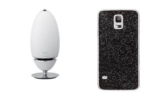 ▲삼성전자의 '무선 360 오디오'(왼쪽)와 글로벌 패션 브랜드 스와로브스키와 협업한 '갤럭시S5' 스마트폰 케이스. (사진제공=삼성전자)