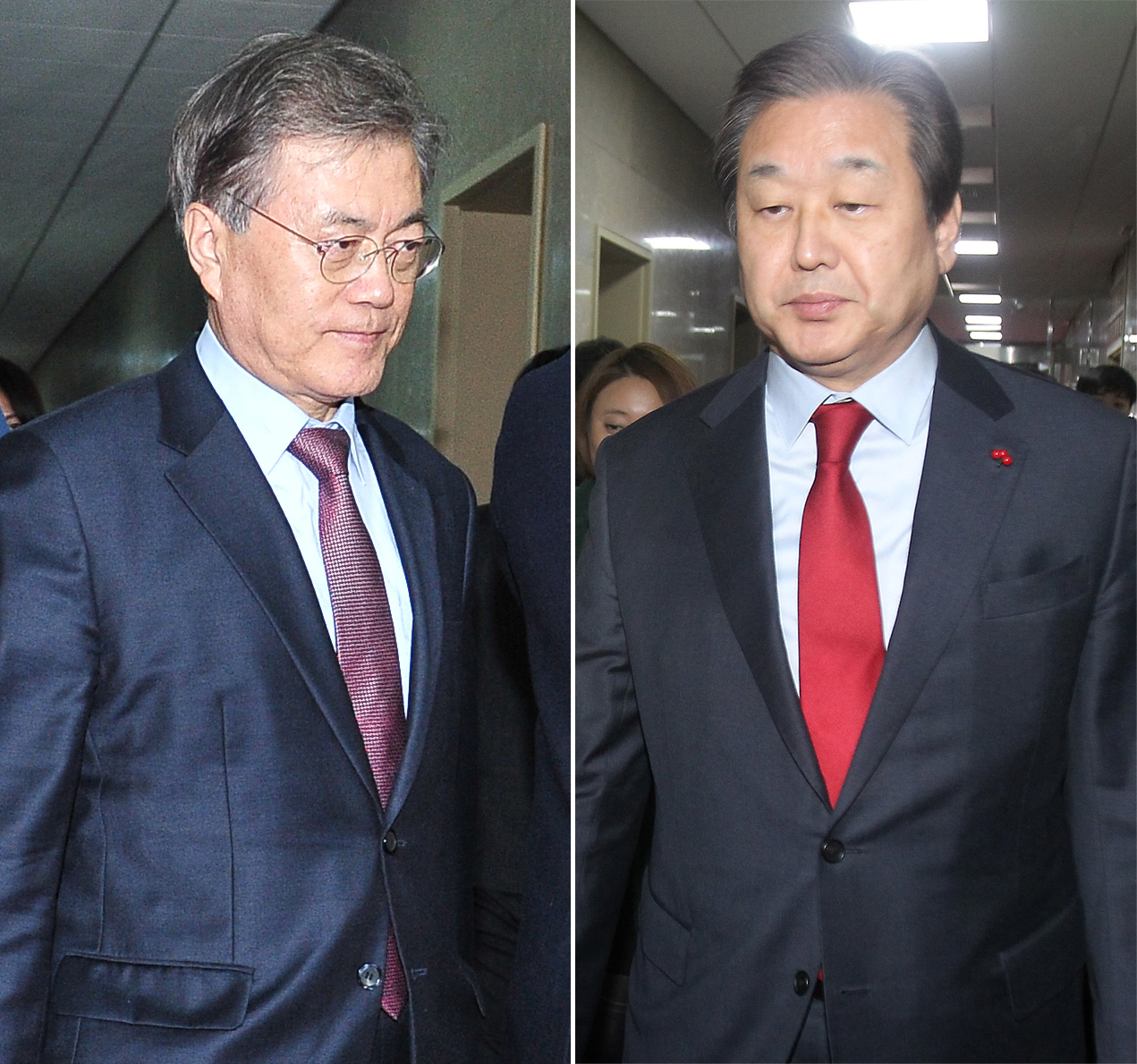 ▲여야가 국회 정치개혁특별위원회 활동 시한이자 내년 총선 예비후보자 등록 시작일인 15일 선거구 획정안을 놓고 막판 담판을 벌였지만 합의 도출에 실패, 이날 오후 새정치민주연합 문재인(왼쪽).새누리당 김무성 대표가 굳은표정으로 의장실을 나서고 있다. (사진=연합뉴스)